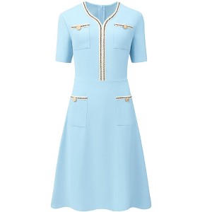 INSPIRE CHIC Women's Tweed Trim Pockets V Neck Short Sleeve A-Line Midi Dresses - 1 of 4