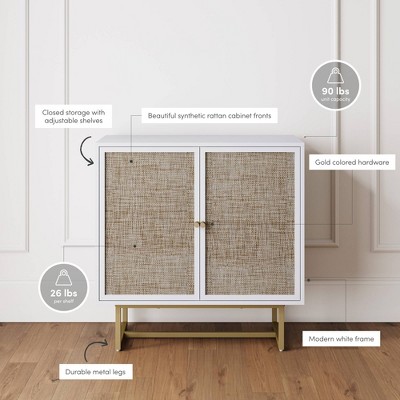 White and Cane Rattan Accent Cabinet with Adjustable Shelving
