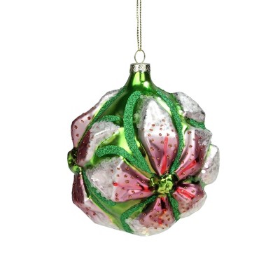 Northlight 4" Pink and Green Glittered 3D Flower Glass Christmas Ornament