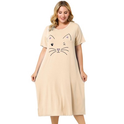 Agnes Orinda Women's Plus Size Nightgown Cat Print with Pocket Sleep Dress Sleepwear
