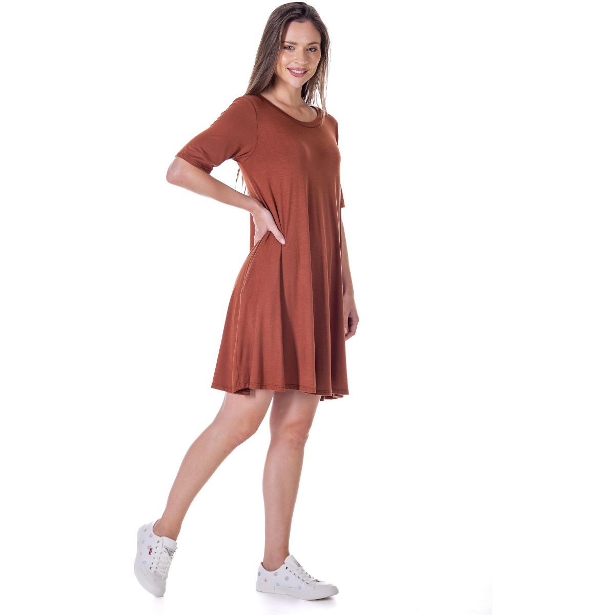 Womens Round Neck Knee Length Soft Flare T Shirt Pocket Dress - 24seven Comfort Apparel™ - thumbnail 10