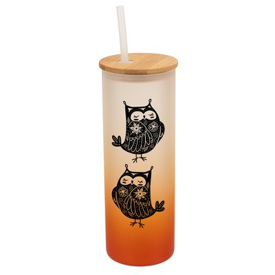 Elanze Designs Garden of Flowers Owl Orange Frosted Gradient Glass Tumbler with Bamboo Lid & Straw 25 ounce Reusable Iced Coffee or Water Cup,