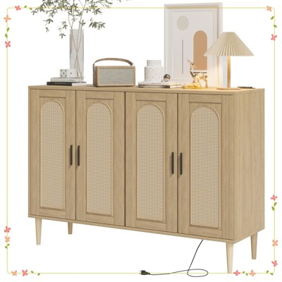 Elegant Natural Rattan Buffet Cabinet, 4-Door Storage Sideboard with Power Outlet & Adjustable Shelves