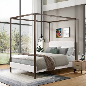 Racxily Industrial Canopy Bed, Boucle Upholstered Metal Frame with Luxe Design - 1 of 4