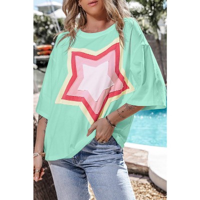 I AM A FASHION JUNKY Moonlight Jade Colorblock Star Patched Half Sleeve Oversized Tee