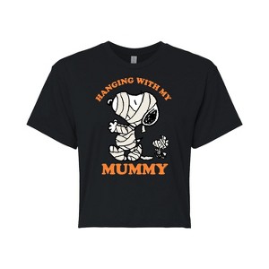 Women's - Peanuts - Snoopy and Woodstock Hanging with My Mummy Cropped Graphic T-Shirt - 1 of 4