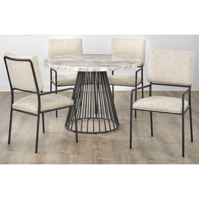 Indra 5-Piece Cream Faux Marble Dining Set with Black Metal Base