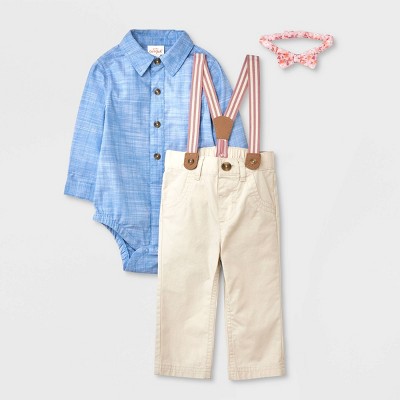 Image of Baby Boys' Chambray Suspender Set - Cat & Jack™ Blue 0-3M