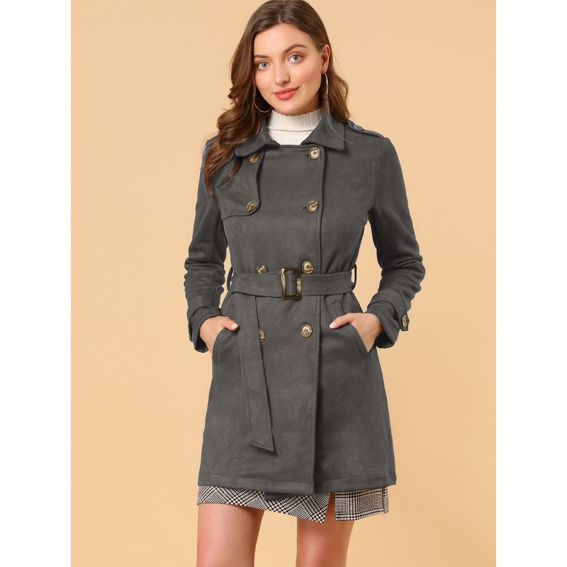 Allegra K Women's Notched Lapel Double Breasted Faux Suede Trench Coat with Belt, 3 of 8