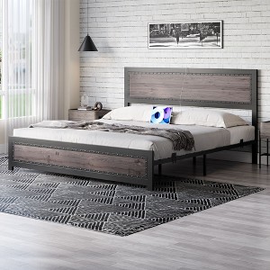 Bed Frame with Headboard and Footboard, Metal Platform Bed with Charging Outlet, Heavy Duty Steel Slats Support, No Box Spring Needed & Easy Assembly - 1 of 4