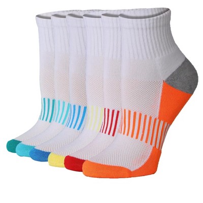 Tipi Toe Women's 6-Pairs Running & Athletic Sports Performance White-Blue/Red/Orange Sole Colors Patterned Quarter Socks