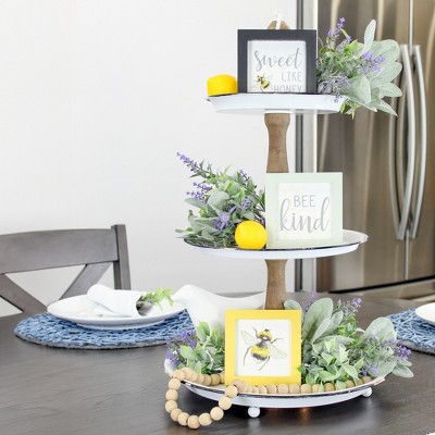 AuldHome Design Spring Tiered Tray Signs, 3pc Set; Bee-Themed Seasonal Home Decor Mini Signs