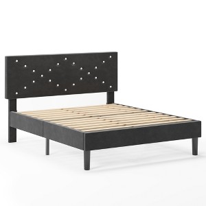 Gulches Queen Size Modern Platform Bed Frame with Upholstered Headboard & Wooden Slats - No Box Spring Needed, Easy Assembly, Black - 1 of 4