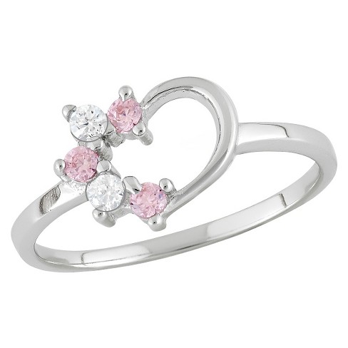 Sterling Silver Pink Cubic Zirconia Heart Dress Ring in Pink