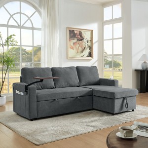 TiramisuBest Modern Chenille Multi-Functional Pull-Out Sofa Bed with Retractable Table, LED Lights, USB Ports & Cup Holders, Gray - 1 of 4