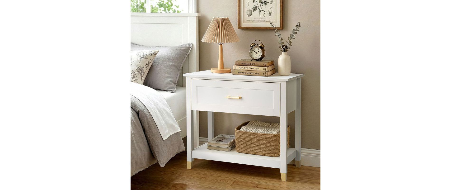 Karl Home Cream P2 MDF Nightstand 1 Drawer 1 Shelf 29.5 Inch