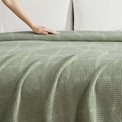 Twin Sage Green Cotton Waffle Weave Blanket