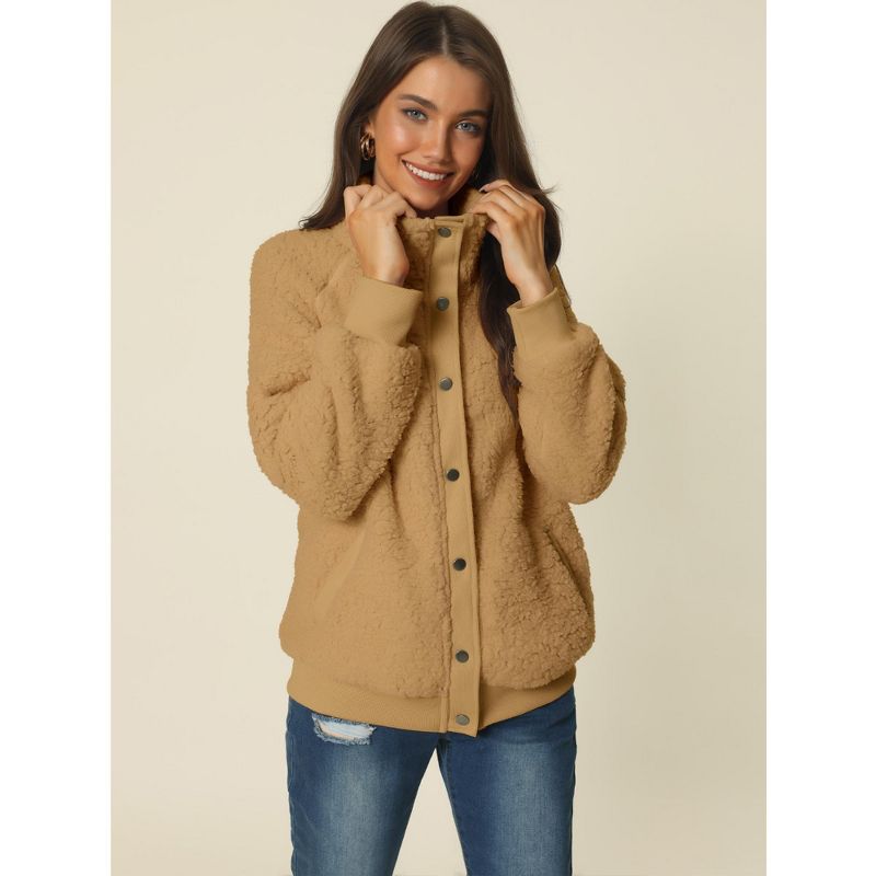 Seta T Women's Fluffy Fleece Two Pockets Long Sleeve Button Front Closure Casual Jacket, 2 of 6