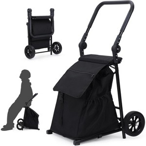 2-in-1 Folding Shopping Cart & Hand Truck, Heavy-Duty Grocery Cart with Removable Waterproof Bag, Cushioned Seat, Adjustable Non-Slip Handle, Black - 1 of 4