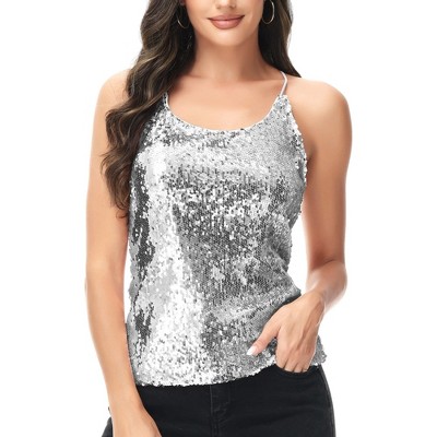 Anna-Kaci Women's Scoop Neck Razer Back Sequin Spaghetti Strap Camisole Tank Top Blouse