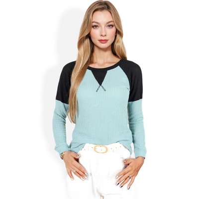 Anna-Kaci Women's Waffle Knit Top with Raglan Color Block Sleeves and Crew Neck