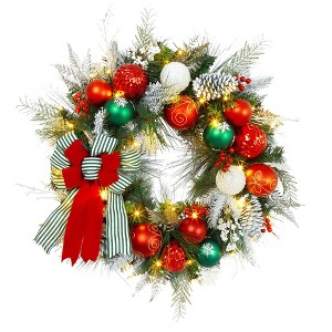 Traditional Christmas Wreath, 30 Inch Pre-Lit Lighted Christmas Wreath for Front Door with Berries - 1 of 4