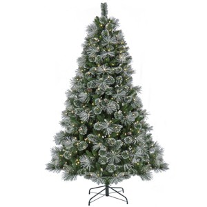 7 1/2' Bryson Pine Hinged Tree with Pine Cones, White Berries & Warm White LED Lights - 1 of 4