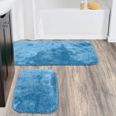 Basin Blue Nylon Washable Bathroom Rug Set with Runner