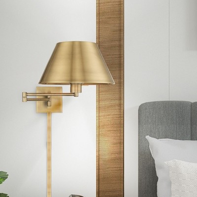 Antique Brass Swing Arm Wall Lamp with Satin Shade
