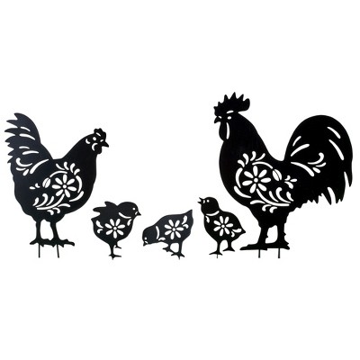 Collections Etc Silhouette Rooster Family Floral Cutouts Garden Stakes - Set of 5