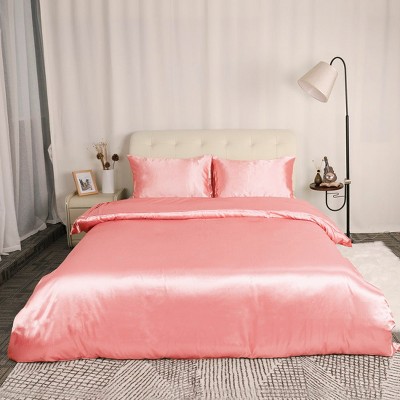 3 Pcs Satin Silk Solid Bedding Sets Queen Pink - PiccoCasa