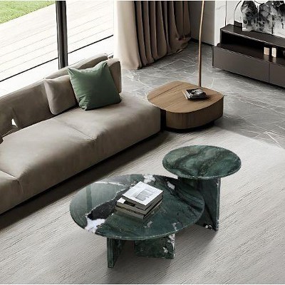 NicBex Genuine Marble Round End Table, Stone Side Table for Living Room,17.7" Nightstand with Semi-Polished Surface, Natural Marble Small Coffee Table