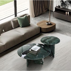 NicBex Natural Marble Small Coffee Table, Genuine Marble Round End Table, Stone Side Table for Living Room,17.7" Nightstand with Semi-Polished Surface - 1 of 4