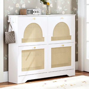 Mshliw Narrow Shoe Cabinet with 4 Rattan Flip Drawers, Elegant Entryway Shoe Organizer with Hooks, Freestanding MDF Storage Rack 42.1"W - 1 of 4