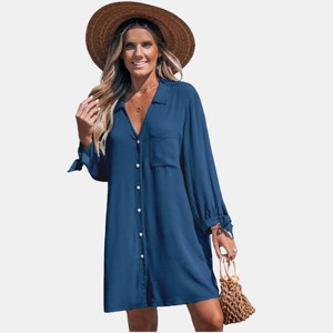 Women's Collared V-Neck Long Sleeve Cover-Up Dress -Cupshe - 1 of 3