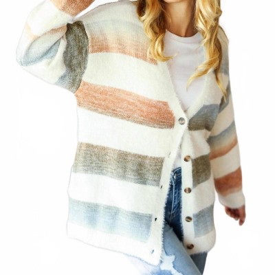 Women's Button Down Stripe Soft Fuzzy Sweater Cardigan - Haptics