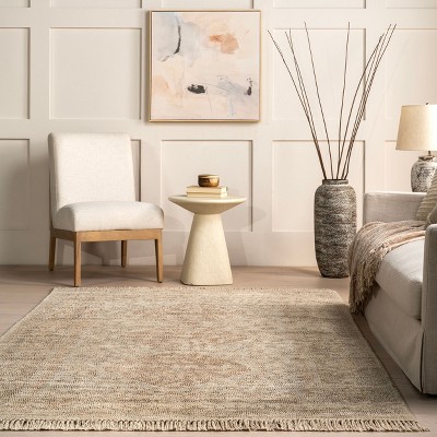 Rosia Khaki and Beige 10' x 14' Wool Blend Tasseled Area Rug