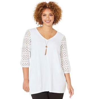 Catherines Women's Plus Size Stretch Lace Peasant Blouse - 3x, White ...