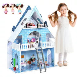 Costway Wooden Dollhouse 3-Story Pretend Playset W/ Furniture & Doll Gift for Age 3+ Year