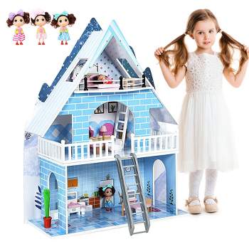 Costway Wooden Toy Tools Dollhouse 3-Story Pretend Playset W/ Furniture & Doll Gift for Age 3+ Year