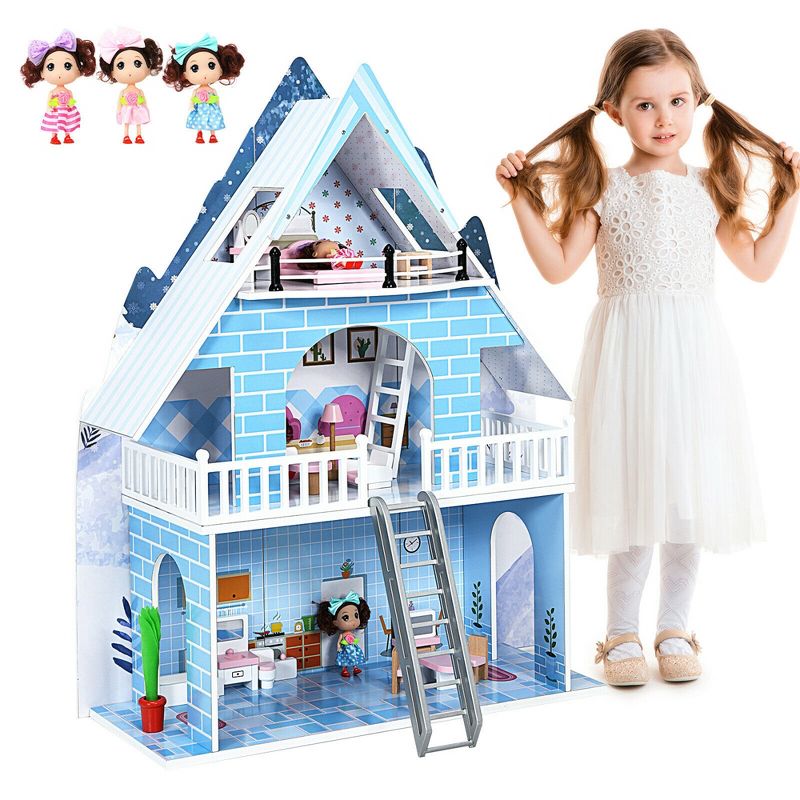 Costway Wooden Toy Tools Dollhouse 3-Story Pretend Playset W/ Furniture & Doll Gift for Age 3+ Year, 1 of 11