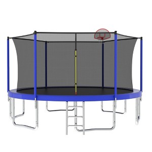 SEVOBAL Trampolines, 14FT Outdoor Trampoline with Safety Enclosure and Basketball Accessories for Family Recreation, Blue, 168.11"*168.11"*107.87" - 1 of 4