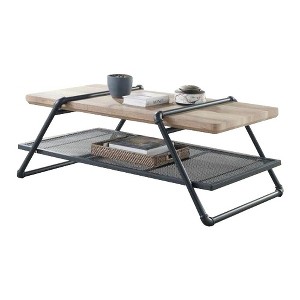 Royal Hampton Coffee Table with Wooden Top and Mesh Shelf, Brown and Black - 1 of 4