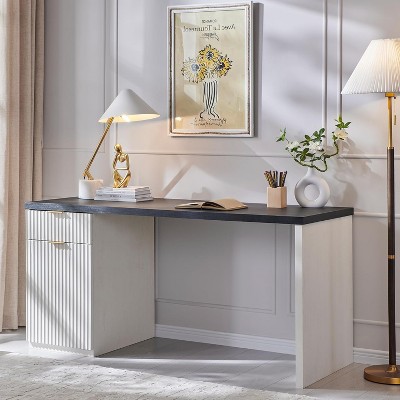SinCiDo Modern 60" Executive Desk, Wood Home Office Desk with Drawer & Cabinet, Fluted Computer Writing Desk for Living Room, Bedroom