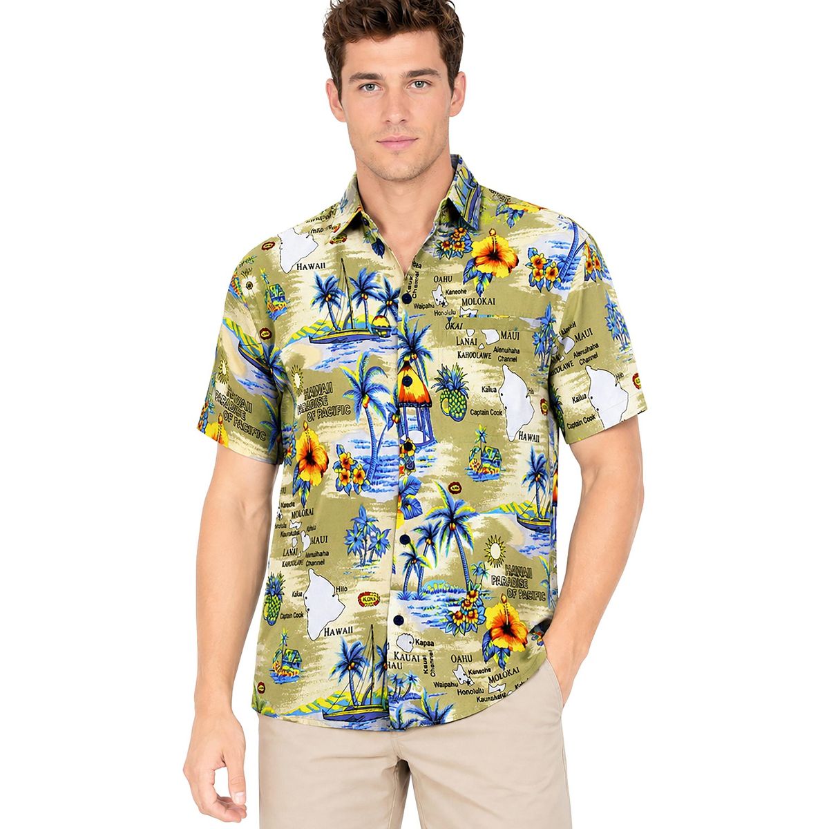 LA LEELA Mens Hawaiian Short Sleeve Button Down Shirt Men's Summer Shirts Casual Beach Vacation Hawaii Island Shirts for Men Funny 5XL Beige, Tree