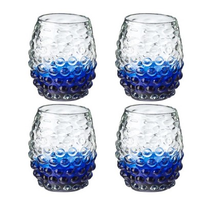 Amici Home Catalina Double Old-Fashioned Glasses - Set of 4, Handmade Mexican Recycled Glass with Bubbled Design & Thick Base - 12 Oz - (Cobalt)
