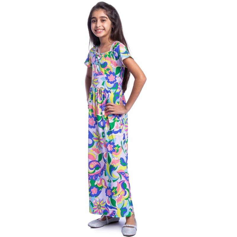 24seven Comfort Apparel Girls Floral Print Short Sleeve Pleated Maxi Dress, 2 of 5