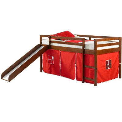 Donco Kids Tent Twin Low Espresso Low Loft Bed With Slide & Red Tent