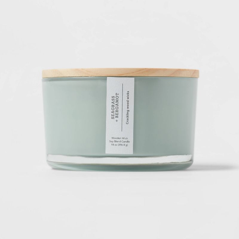 Round Base Glass Candle with Wooden Wick Seagrass and Bergamot Green - Threshold™, 1 of 5