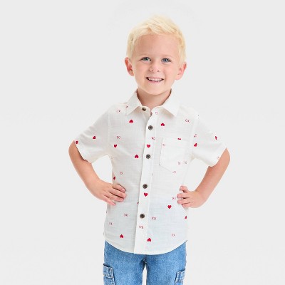 Toddler Boys' Short Sleeve Heart Printed Woven Shirt - Cat & Jack™ Cream